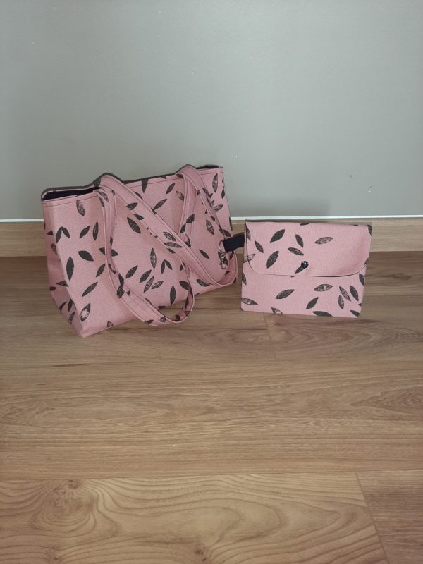 Sac à main "Rose et noir", pochette assortie